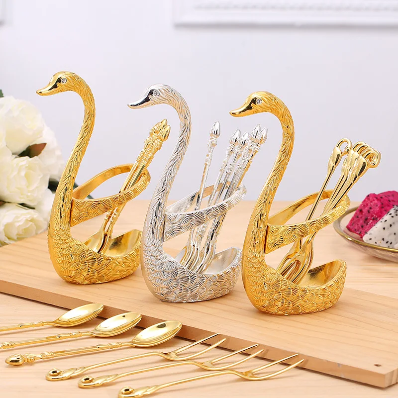 

Creative Dinnerware Set Stainless Steel Decorative Swan Base Holder with 6 Spoons for Coffee Fruit Cake Dessert Stirring Mixing