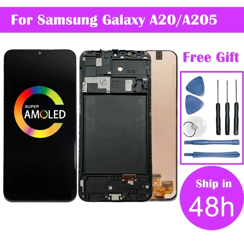 Super AMOLED для Samsung Galaxy A20 A205/DS A205F A205FD A205A ЖК-дисплей с сенсорным дигитайзером в сборе и