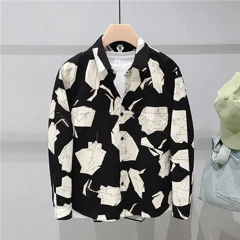 Summer Printed Long-Sleeved Shirt Men's Hong Kong Style Personality Design Shirt Baggy Coat Tide Longsleeve Shirt for Men