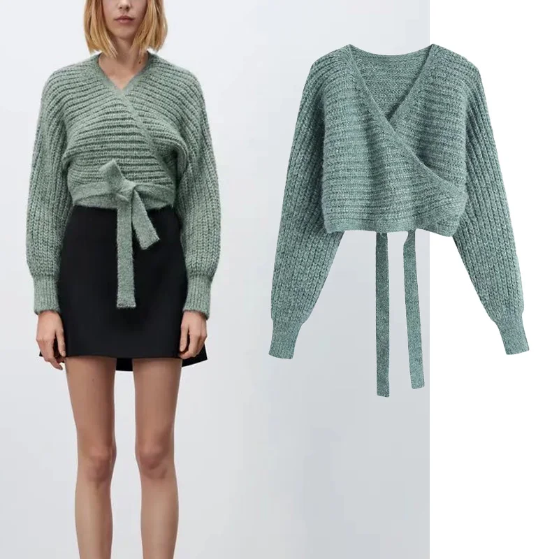 

Женский однотонный вязаный кардиган Za, повседневный свободный свитер с длинным рукавом и V-образным вырезом, на шнуровке, однотонные топы, в...