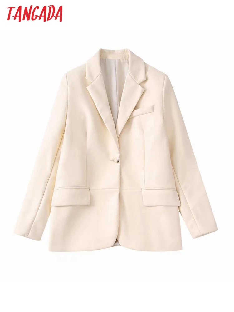 

Tangada Women 2022 Fashion Beige Faux Leather Blazer Coat Vintage Long Sleeve Female Outerwear Chic Tops BE715