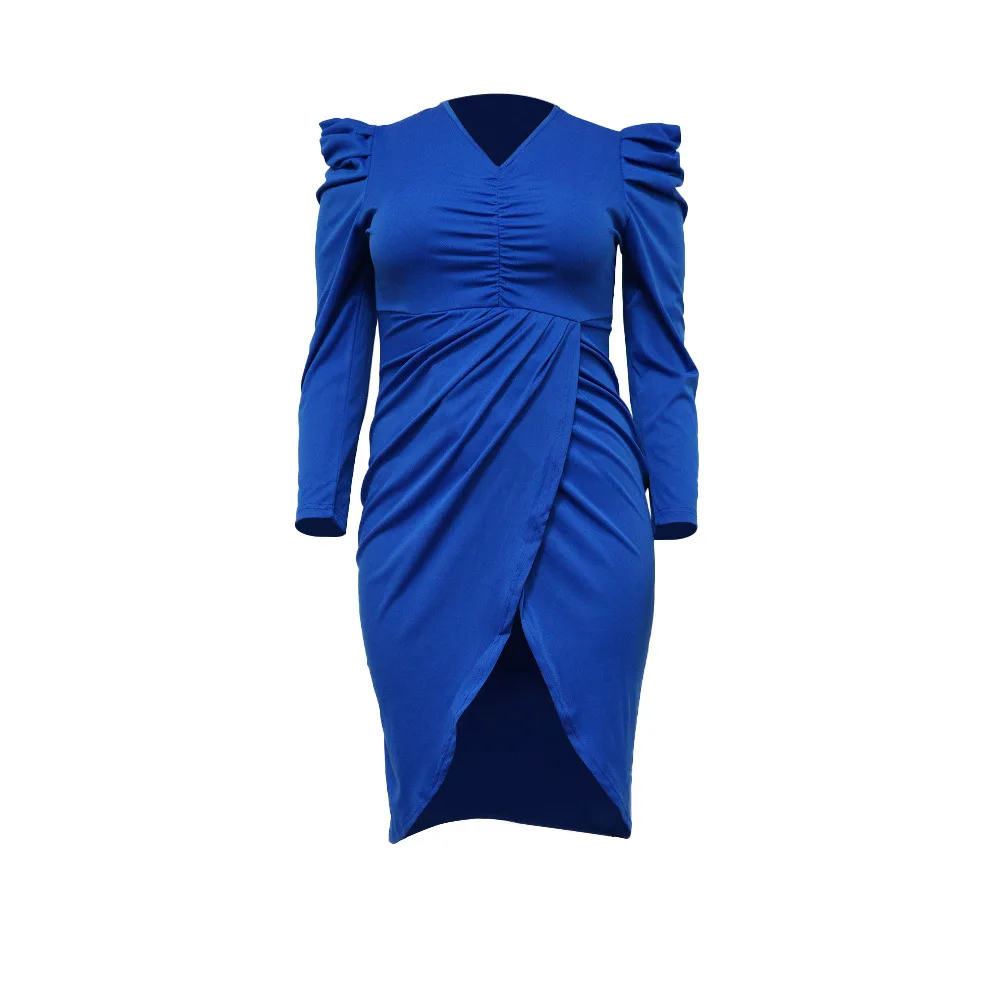 Factory Price European and American Oversize Dress V-neck Irregular Dress Long Sleeve Solid Split plus size  Dress