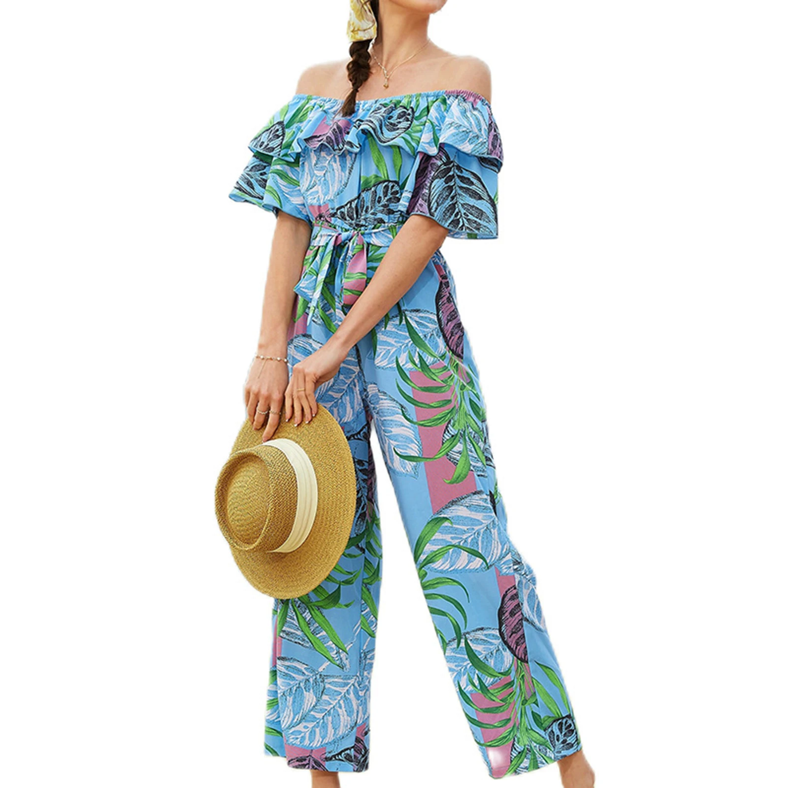 

Women's Summer Beach Style Jumpsuits Holiday Leaves Floral Print Off Shoulder Wide-Leg Pants Long Rompers Playsuits with Belt