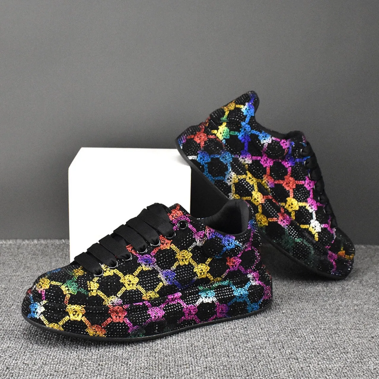 

New Punk Rhinestones Colored Daddy Shoes Platform Lace-Up Casual Board Shoes Large Size Women's Shoes Skateboard Shoes 35&43