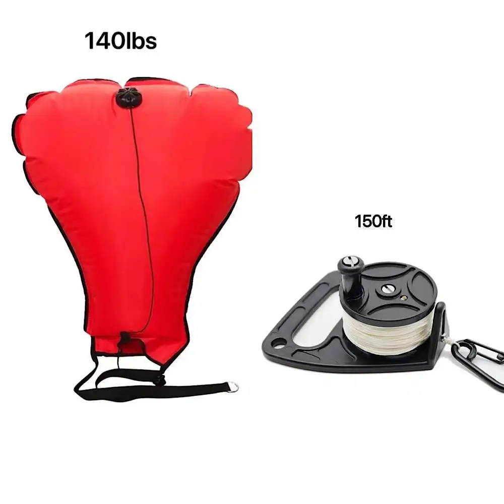 Dive Scuba High Visibility Lift Bag 70lb140lb Open Bottom Dump Valve Includes 150ft Thumb Stop ABS Reel Diving Accessories SET