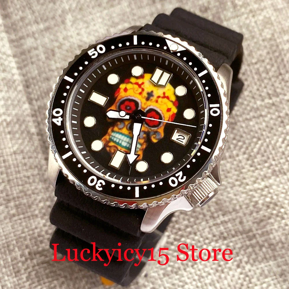 

41MM 24 Jewels Japan NH35A Movement Automatic Men Watch Black Skeleton Dial With Date Sapphire Crystal Rotating Outer Ring