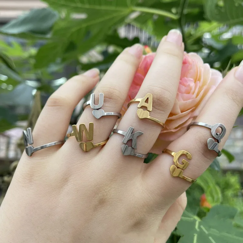 

Vintage European And American Style Stainless Steel Opening Adjustable Ring For Women 26 English Letters Ring Fashion Jewelry