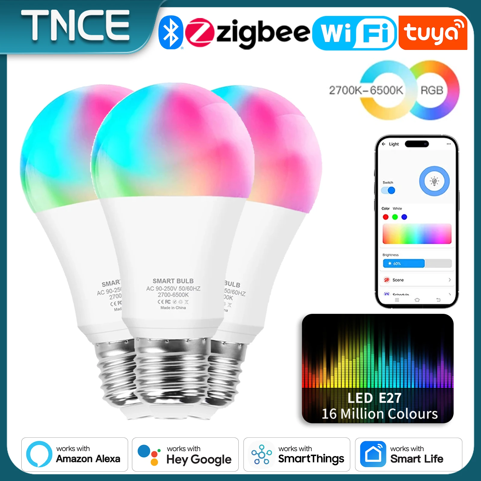 Лампа TNCE Tuya E27 WIFI или Zigbee C+W с регулируемой яркостью светодиодная лампа 2700-6500k RGB