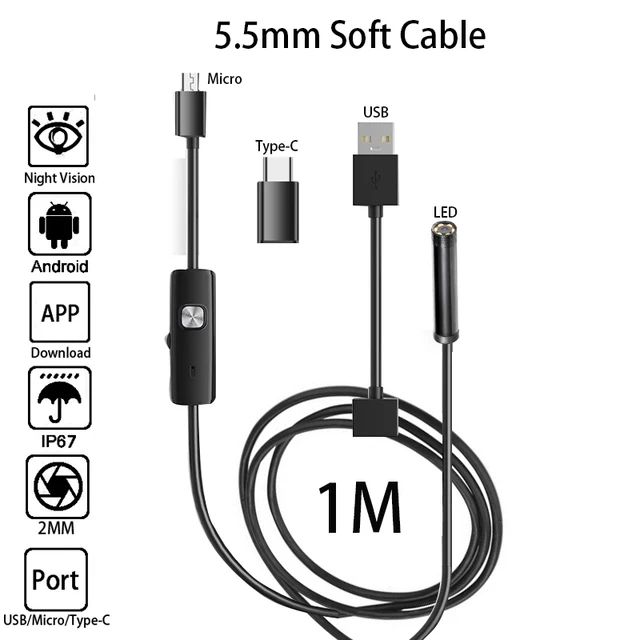 Водонепроницаемый 2-В-1 5,5 Мм Android Micro USB/Type-C Эндоскоп.