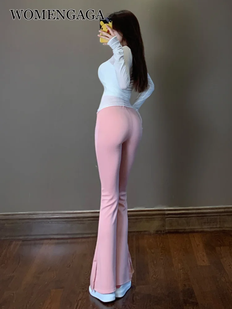 

elegant Cotton WOMENGAGA Slim Leg Long Flare Pants High Waist Elastic Slim Casual Wide Leg Pants sweet korean women L1M0