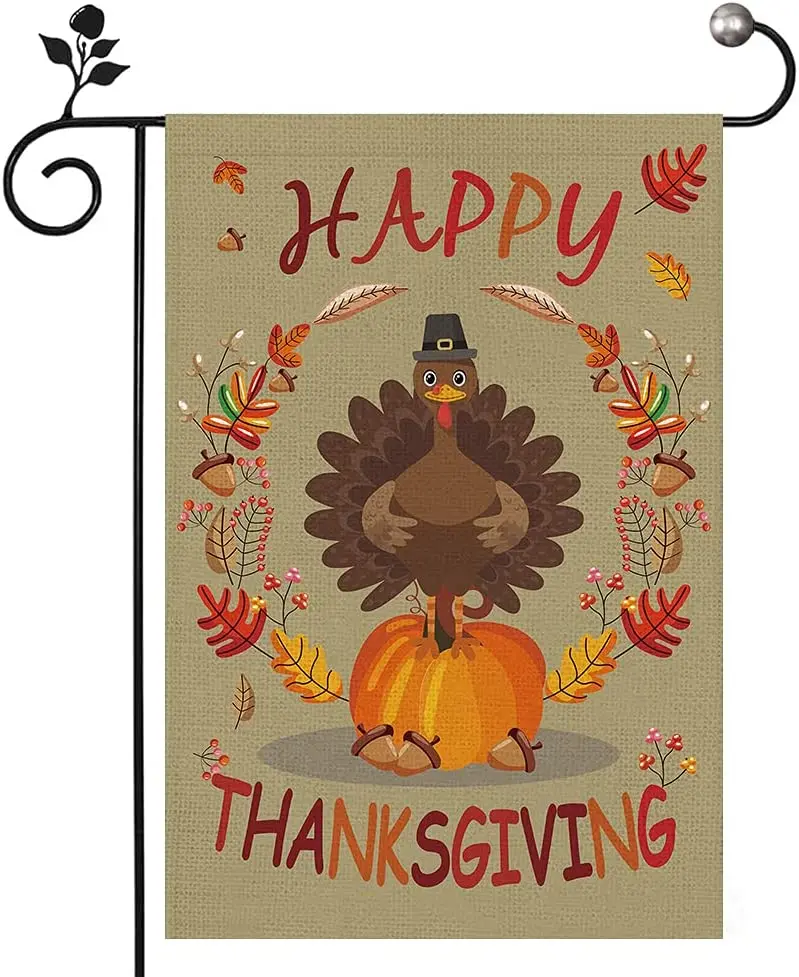 

Thanksgiving Garden Flag Happy Welcome Small Flags Burlap 12x18 Inch Double Sided for Outside Thanksgiving Party Turkey