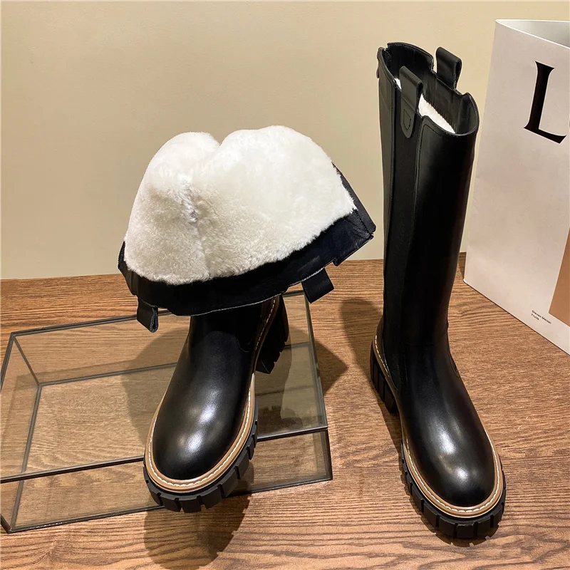 

Dilalula Size 34-42 Cow Leather Real Wool Women Boots Thick Bottom Knee High Boots Zipper Warm Winter Boots Ladies Chelsea Botas