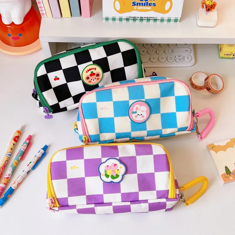 

Bear Rabbit Plaid Pencil Case Oxford Cloth Multi Layer Large Capacity Student Stationery Pen Storage Bag Offices Supplies