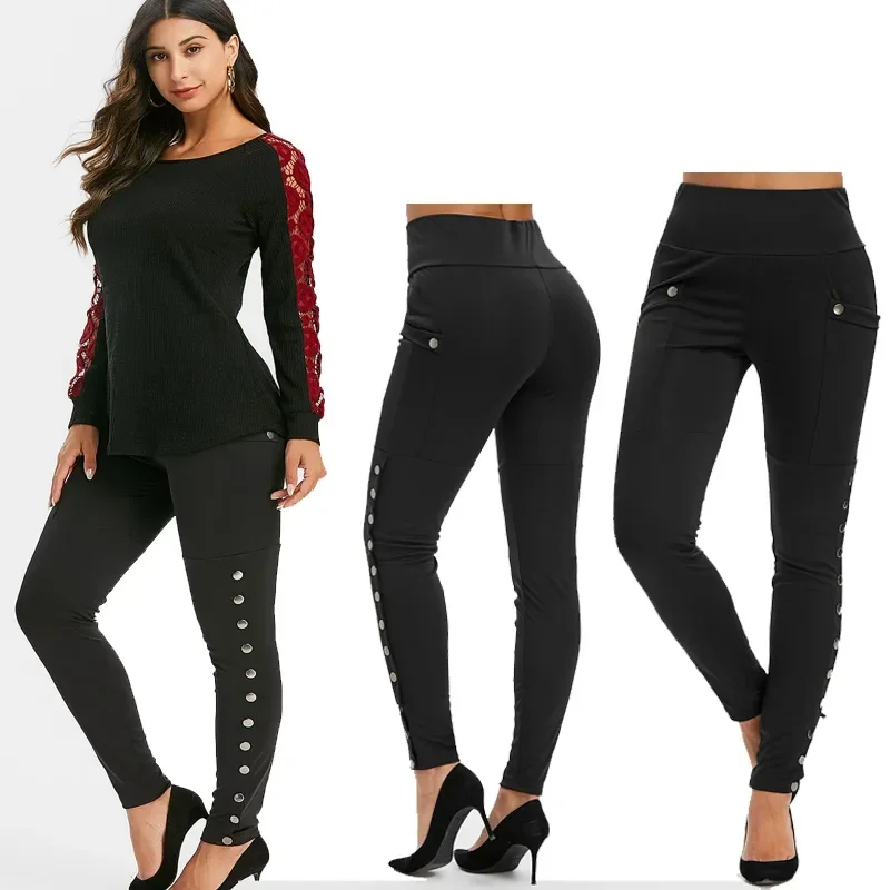 

Women's High Waisted Sports Yoga Pocket Snap Button Side Leggings -Soft in Capri & Full Slimming pants