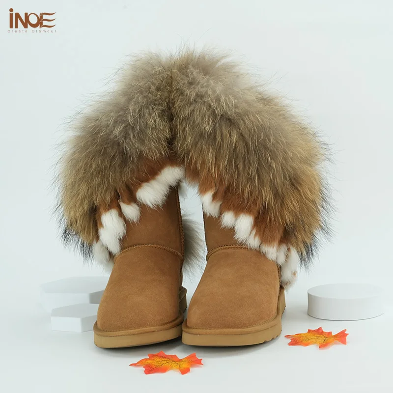 INOE Модные женские зимние сапоги до колена из коровьей замши с натуральным лисьим