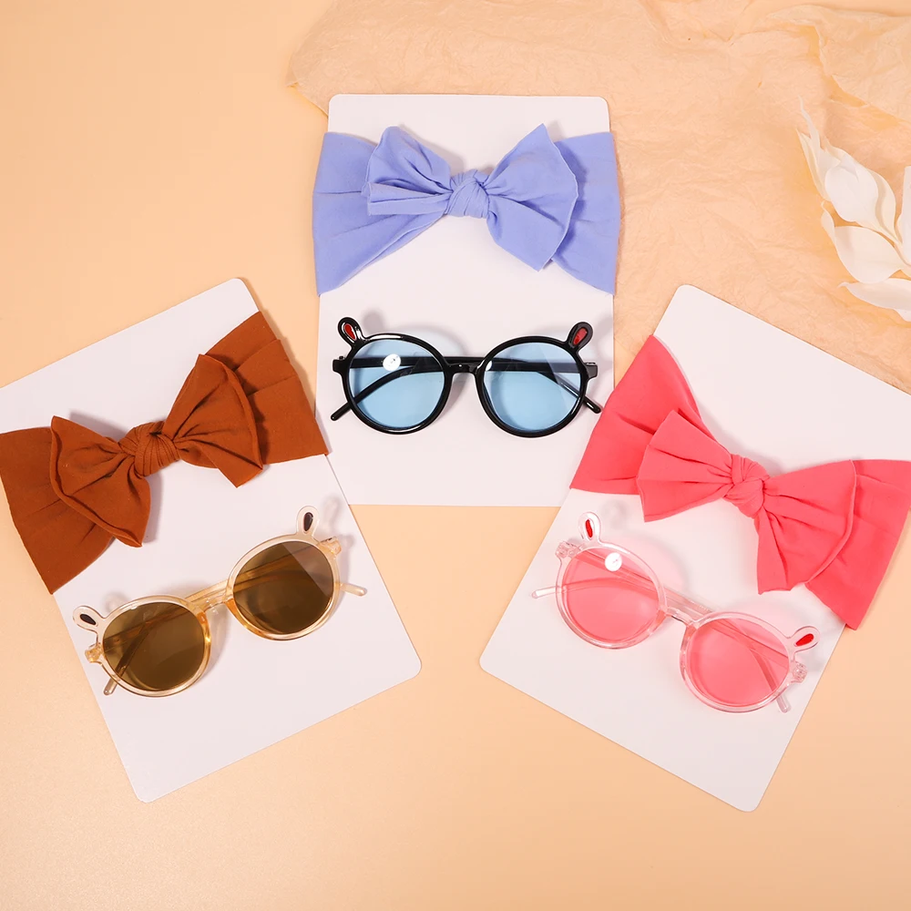 

2Pcs/Set Lovely Beach Kids Bows Headband For Girls Cute Sunglasses Elastic Nylon Hair Bands Glasses Headwear Hair Accessories