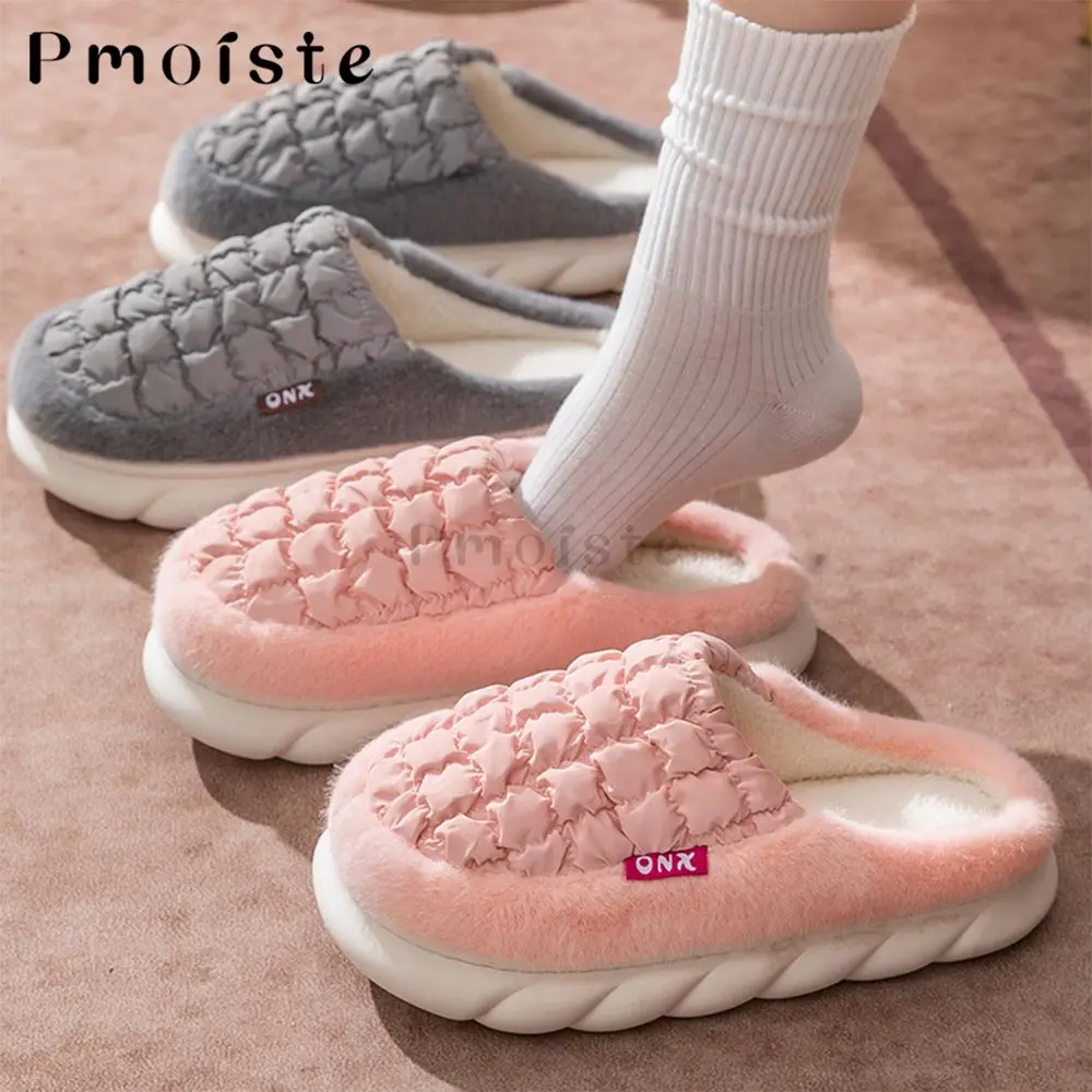 Furry Women Home Slippers Down Cloth Gingham Female Indoor Slippers Soft Fashion Platform Shoes with Fur Couples House Slippers