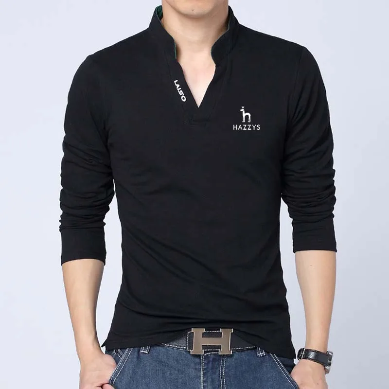 Men Golf Polo HAZZYS Tops Solid Color Slim Fit Long Sleeves V Neck Pullover Casual Cotton Spring Shirt Clothes Men's T-Shirts