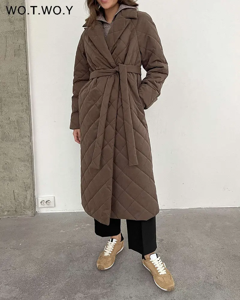 

Женское стеганое длинное пальто с рукавами реглан WOTWOY, теплое хлопковое пальто с поясом на осень и зиму, свободная верхняя одежда