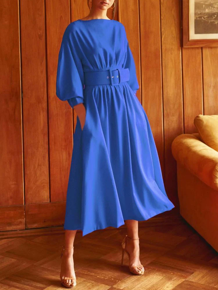 

Fashion Runway 2022 Spring Midi Dress Women Blue Red Purple Puff Sleeve Waist Slim High Quality Elegant Party