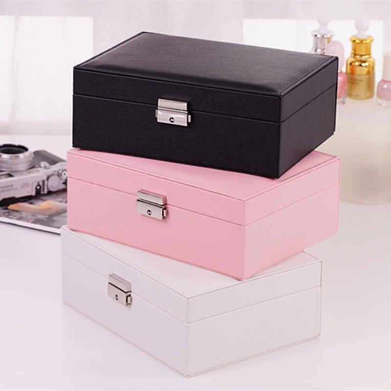 Multi-functional Jewelry Box Three-layer Leather Drawer-style Earrings Lock Jewelers Waterproof Display Organizer Boxes Supplies