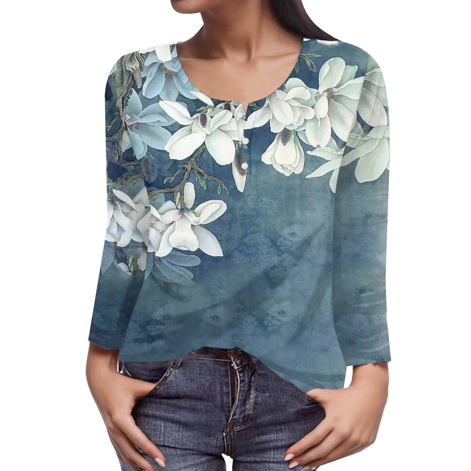 

Women'S Quietly Elegant Floral Print T-Shirts Long Sleeve Round Neck Button Up Tee Tops Casual Sweet Loose Fit T Shirt Camiseta