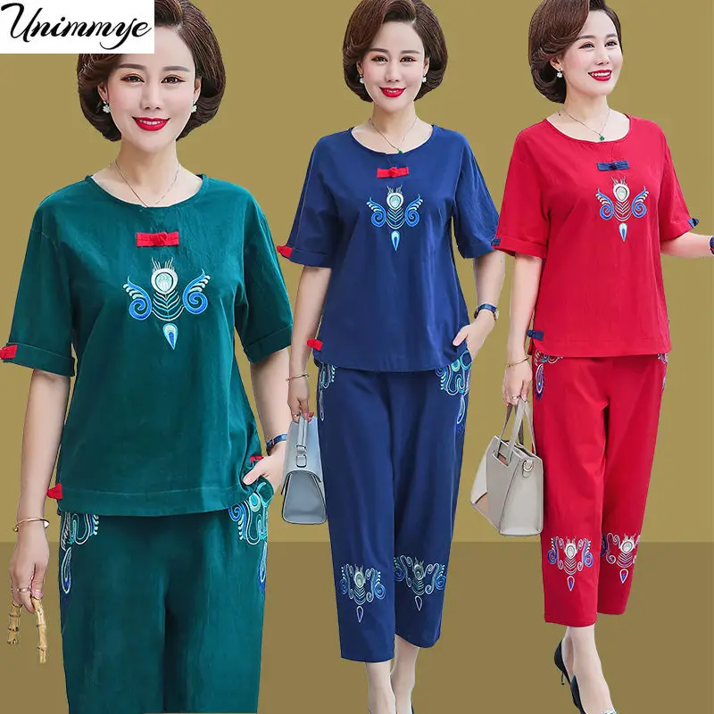 

Female Literature Art Ethnic Style Cotton Linen Suit Women Summer Short-Sleeved T-shirt Top and Pants Lady Two-Piece Set J278