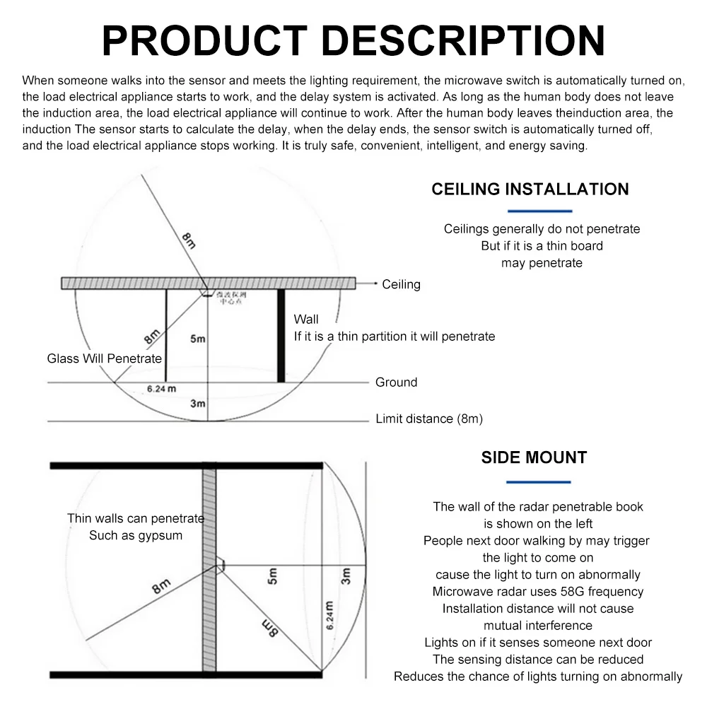 AC 220V 5.8GHz Time Adjustable Microwave Radar Sensor Switch Body Motion Detector Delay Relay LED Light |
