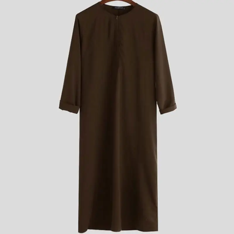 Muslim Arab Dubai Malaysia Men Loose Robe With Side Pocket Cotton Round Neck Zipper Islamic Shirt Jubba Thobe Plus Size S-5XL