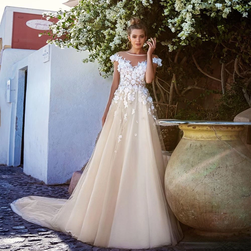 

Bridal Long Sleeves V Neck Heavily Embellished Bodice Romantic Princess Ivory A Line Wedding Dress Illusion Lace Back