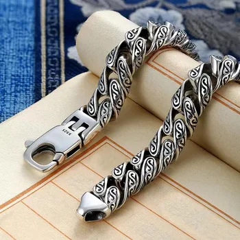 S925 Silver Male Tang Grass Pattern Bracelet Men's Bracelet Versatile Hegemony European And American Fashion Bracelet 3