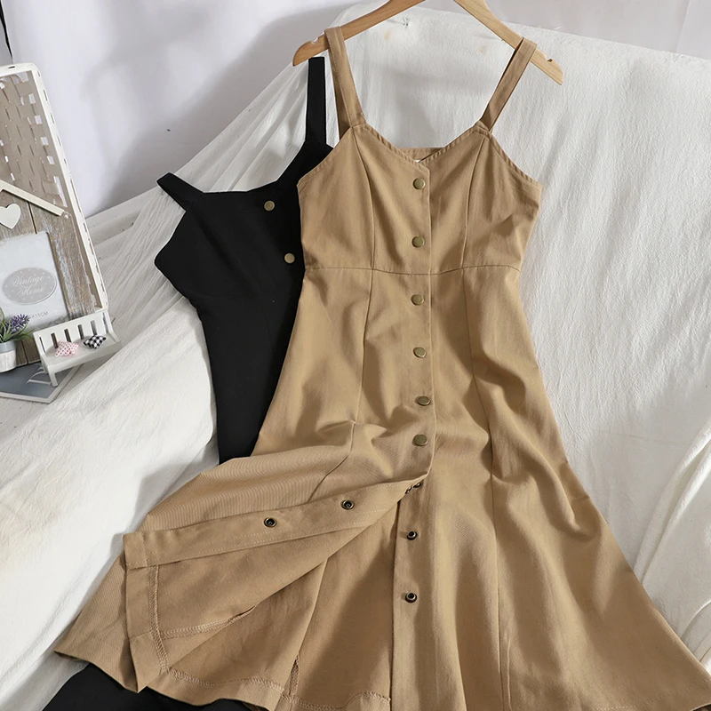 

Vintage Solid Simple Sleeveless Single Breasted Long Dress Women 2021 Casual Slim Holiday Bottom Base Dress Vestido Feminino