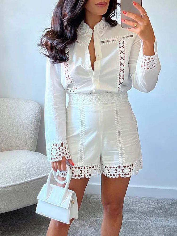 

Women Casual Lace Embroidery Weave Suits Lady Elegant Solid Full Sleeves Shirts With Slim Shorts 2022 Summer Fashion Female Sets