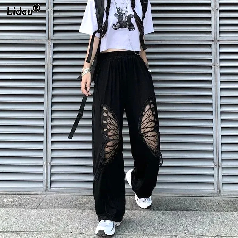 Women's Clothing 2023 Solid Color Spring Summer Thin Casual Sweet Hollow Out Loose High Waist Patchwork Fashion Wide Leg Pants