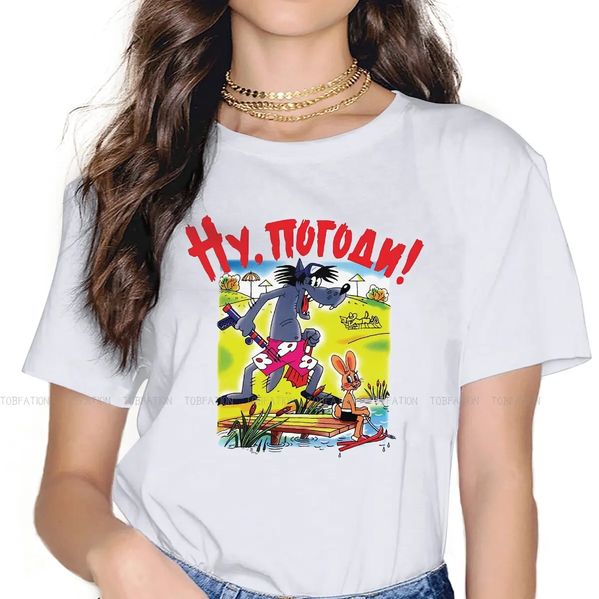 

Essential 4XL TShirts Nu Pogodi Wolf Rabbit Russian Soviet Cartoon Woman Harajuku Pure Cotton Streetwear T Shirt Round Neck