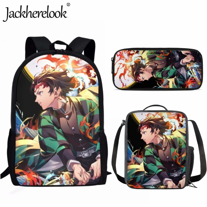Jackherelook Anime Demon Slayer Kamado Tanjirou Fashion Trend School Bag 3pcs/Set for Students School Bookbag Teen Boys Backpack