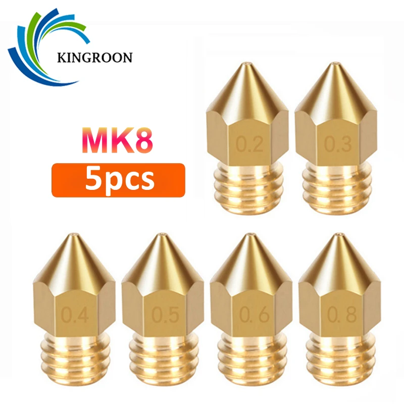 5pcs MK8 Nozzle 0.2mm 0.4mm 0.5mm 0.6mm 0.8mm 1.0mm 3D Printer Part Extruder M6 Thread Brass Nozzle 1.75mm 3mm Filament