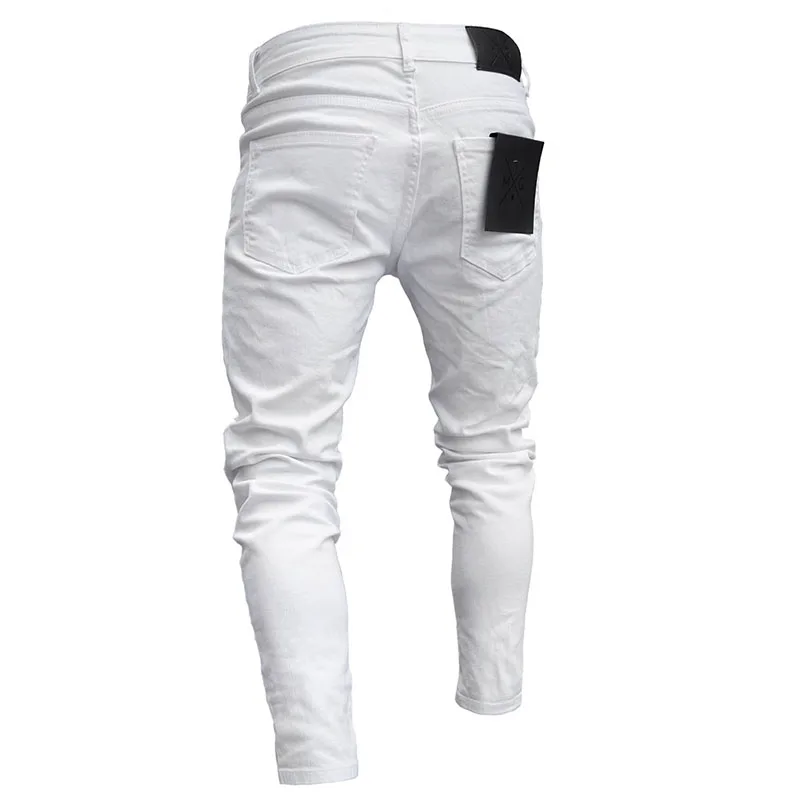 White Blue Black Jeans men's Stretchy Ripped Skinny Biker Embroidery Print Jeans Destroyed Hole Slim Fit High Quality Jean