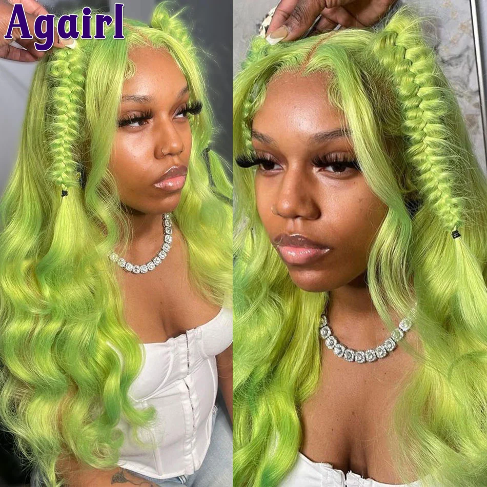 

613 Fluorescent Green Brazilian 4x4 5x5 Body Wave Human Hair Wigs PrePlucked for Women Transaprent HD 13x4 13x6 Lace Frontal Wig