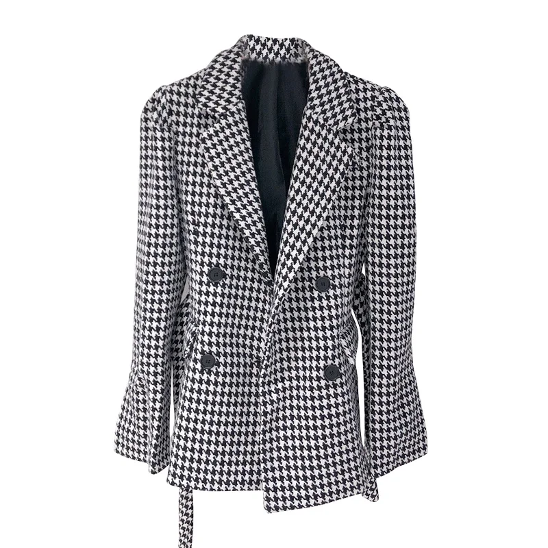 Autumn Winter New 2023 Houndstooth Blazers Women Jacket Woolen Pocket Checkered Puff Sleeve Lace Up Wild Tops Slim Vintage Coat