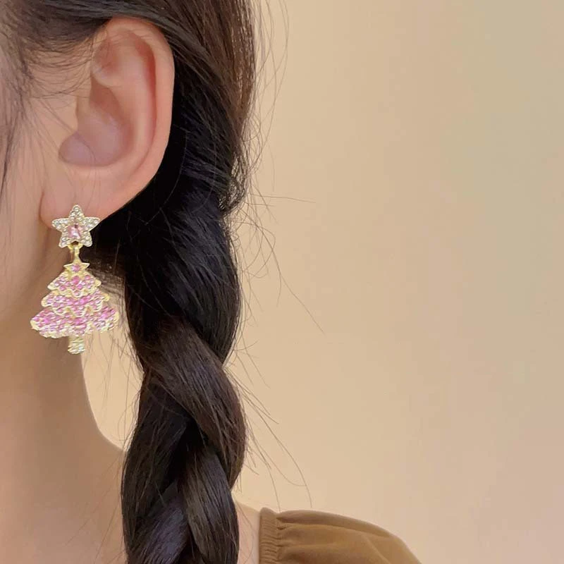 Y2K розовый циркон Рождественская елка серьги с кисточками Рождественские со