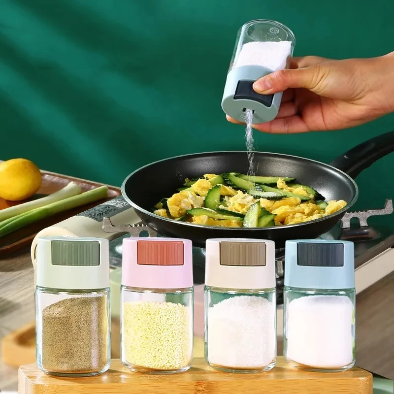 

Quantitative Salt Shaker Push Type Salt Control Bottle Seasoning Jar Pepper Spice Glass Container Transparent Limit Salt Bottle