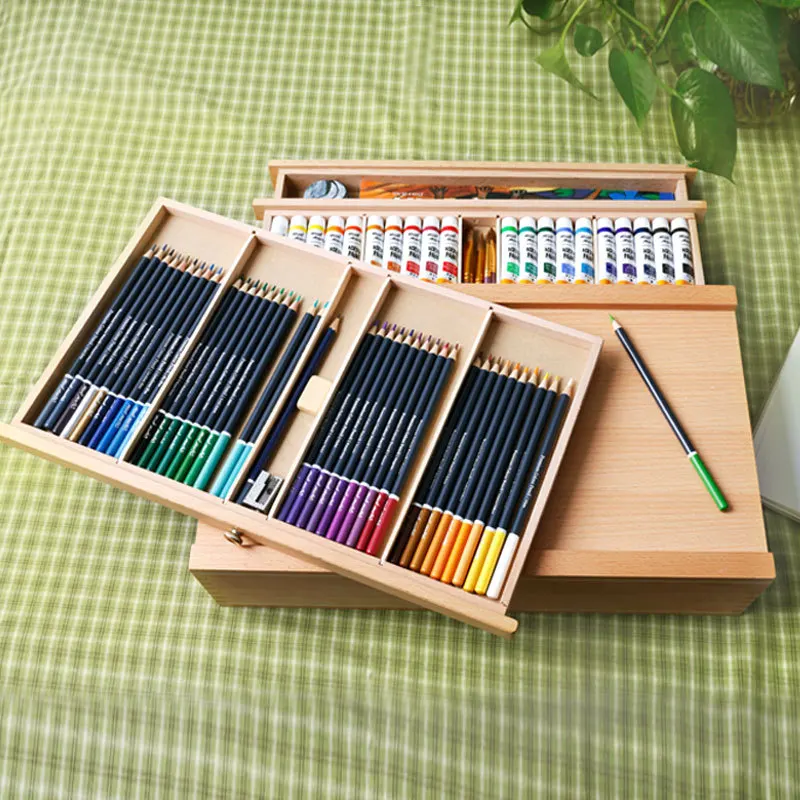 Kup 40.9x25.9cm Desktop Easel Wooden Storage Painting Box 3-layer Drawer Portable Oil Painting Box Sketch Pencil Tool Box