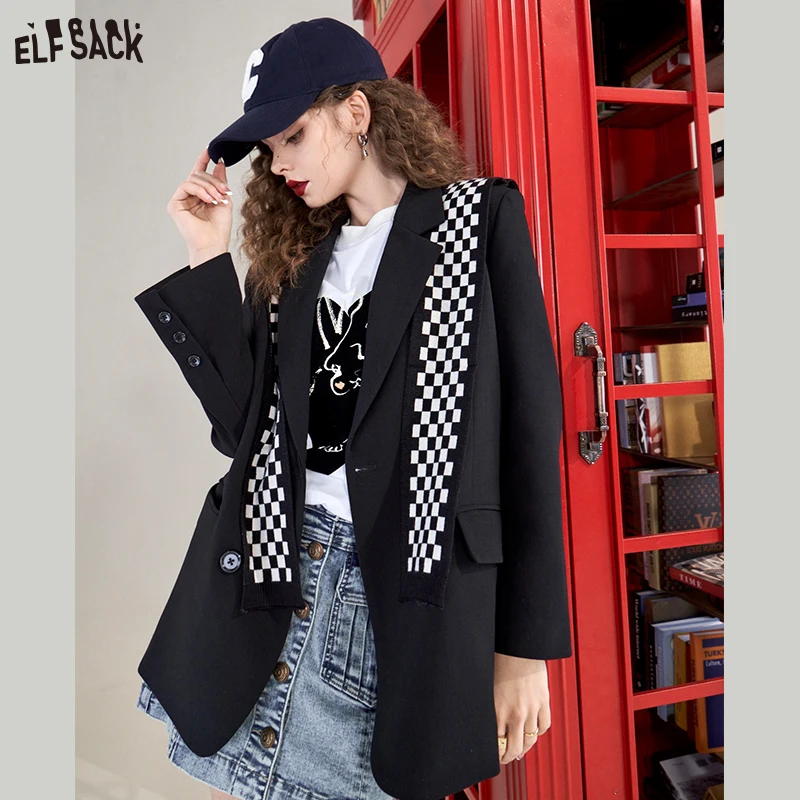 ELFSACK Black Detachable Shawl Designed Blazer Women 2023 Spring Casual Jackets
