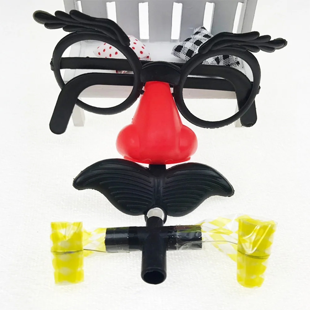 

5PCS Stylish Props Nose Mustache Glasses Whistle Costume Round Frame False Nose Blow Out Dragon Tricky Props (Large Size,