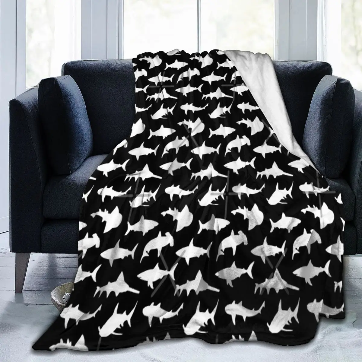 

Sharks On Black Blanket, Facecloth Blanket Plant Blanket AntiPilling Customizable