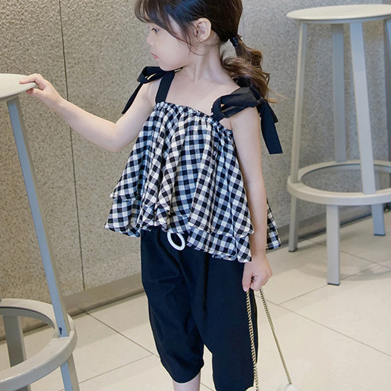 

Summer Girls' Clothing Sets Fashion Plaid Lace Short Top + Nine-Point Pants Suit 2Pcs Baby Kids Children Clothes Suit