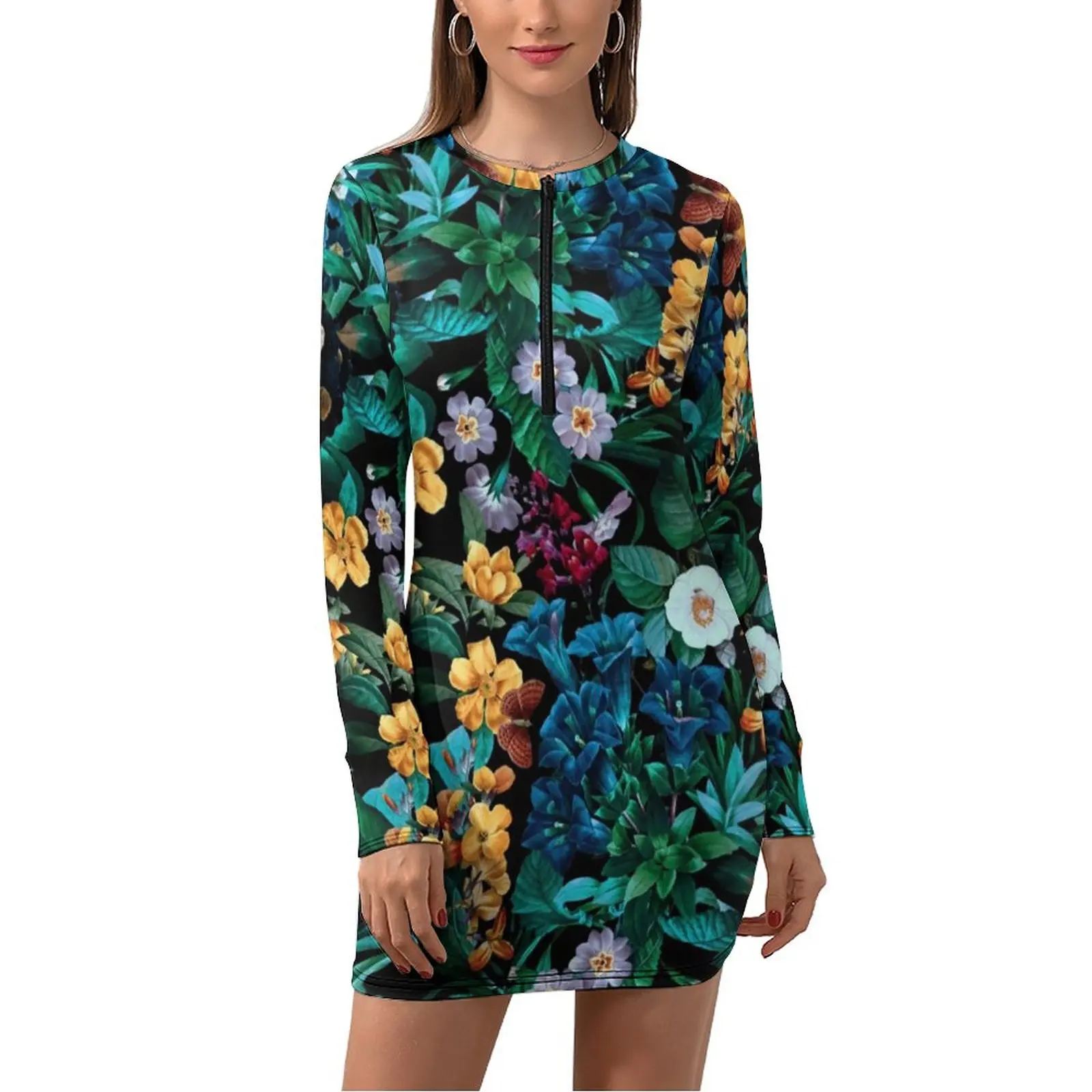 

Tropical Floral Print Bodycon Dress Autumn Midnight Garden Kawaii Dresses Womens Long Sleeve Pattern Aesthetic Dress Large Size