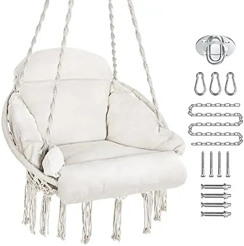 

Chair, Macrame Hanging Swing Chair with Large Padded Cushion and Hardware Kits, Max 250 Lbs, Hanging Cotton Rope Chair for Indoo