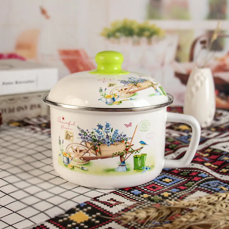 

New Fashion Enamel Cup Household Instant Noodle Salad Bowl Cup Water Cup Instant Noodle Cup with Cover Bowl Kitchen Supplies